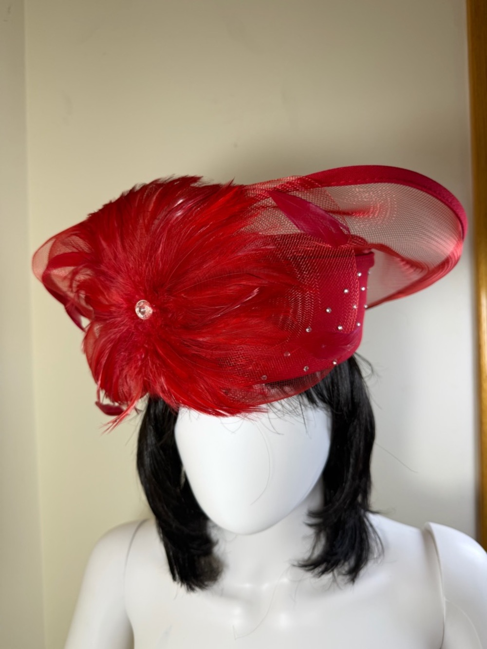 ML Studio Red Feathered Mesh Cocktail Fascinator